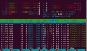 htop screenshot showing multiple cores in use